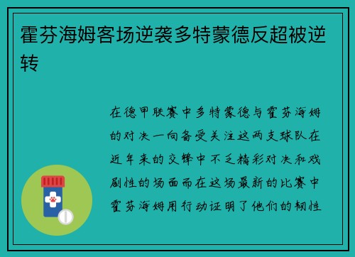 霍芬海姆客场逆袭多特蒙德反超被逆转