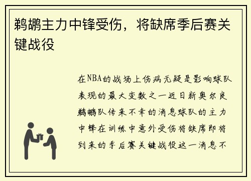 鹈鹕主力中锋受伤，将缺席季后赛关键战役