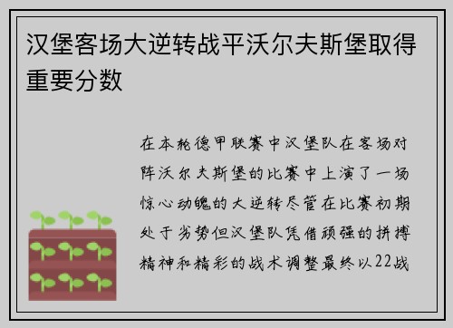 汉堡客场大逆转战平沃尔夫斯堡取得重要分数