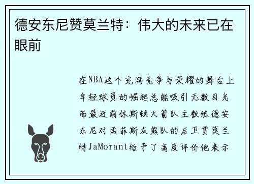 德安东尼赞莫兰特：伟大的未来已在眼前
