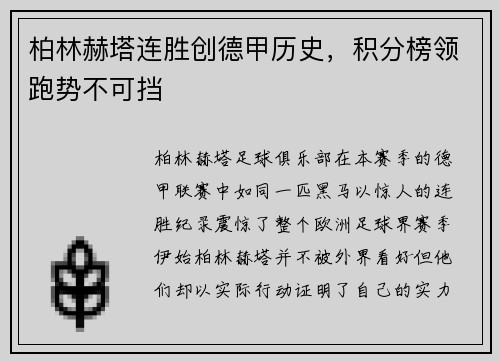 柏林赫塔连胜创德甲历史，积分榜领跑势不可挡