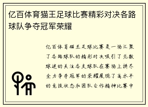 亿百体育猫王足球比赛精彩对决各路球队争夺冠军荣耀